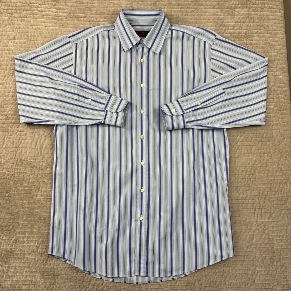Etro Milano Mens Blue Purple Striped Cotton Button Down Shirt Size 40 Made Italy